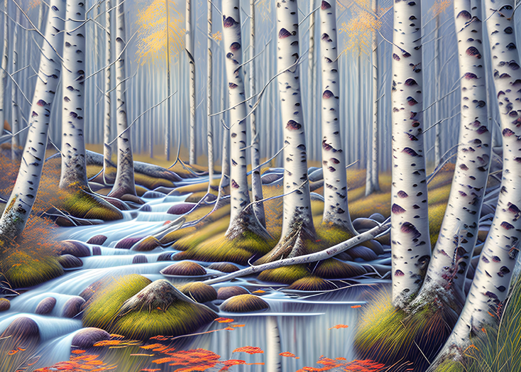 Tranquil forest scene with birch trees, stream, mossy stones, and autumn leaves.