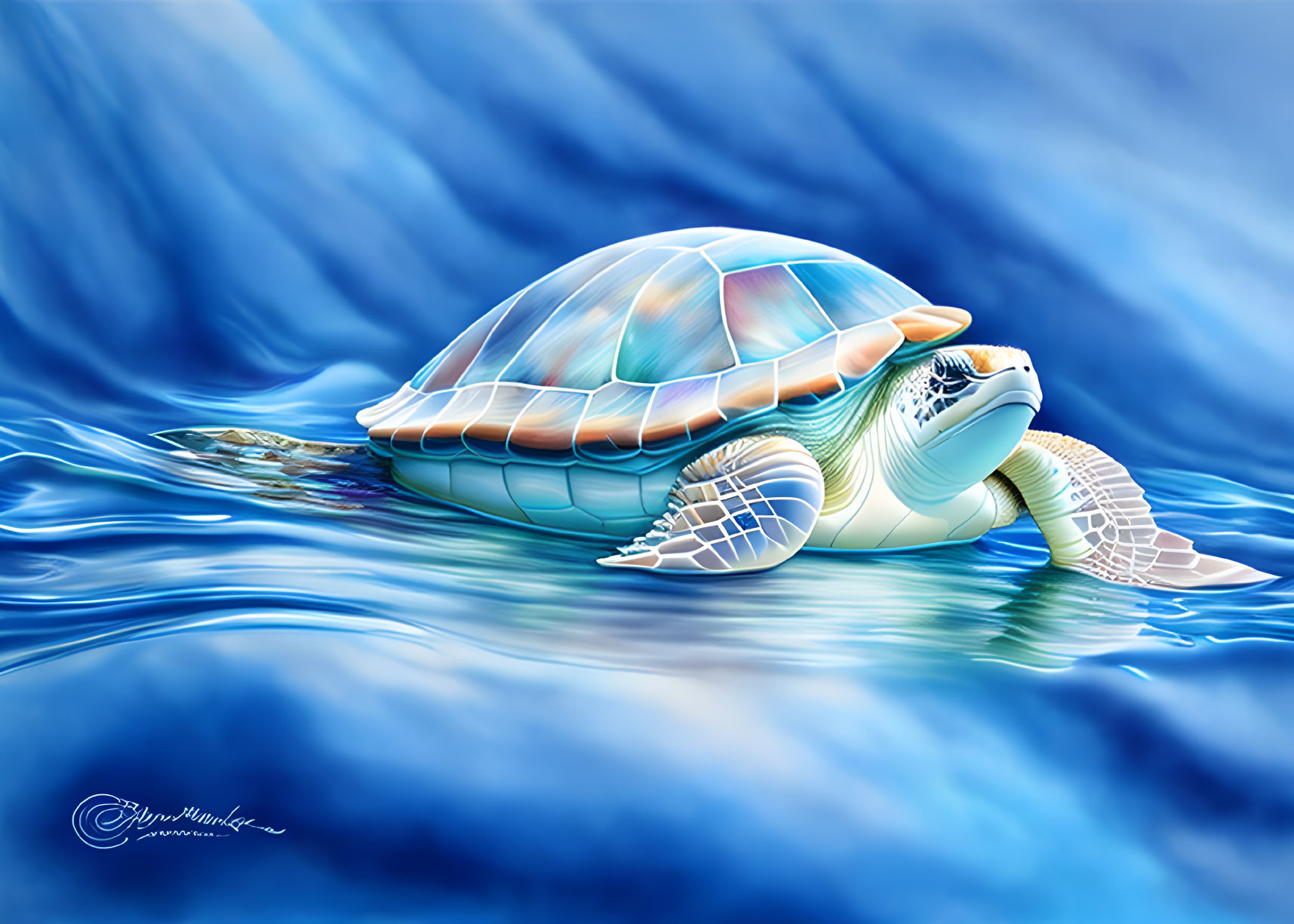 Colorful Sea Turtle Swimming in Blue Water