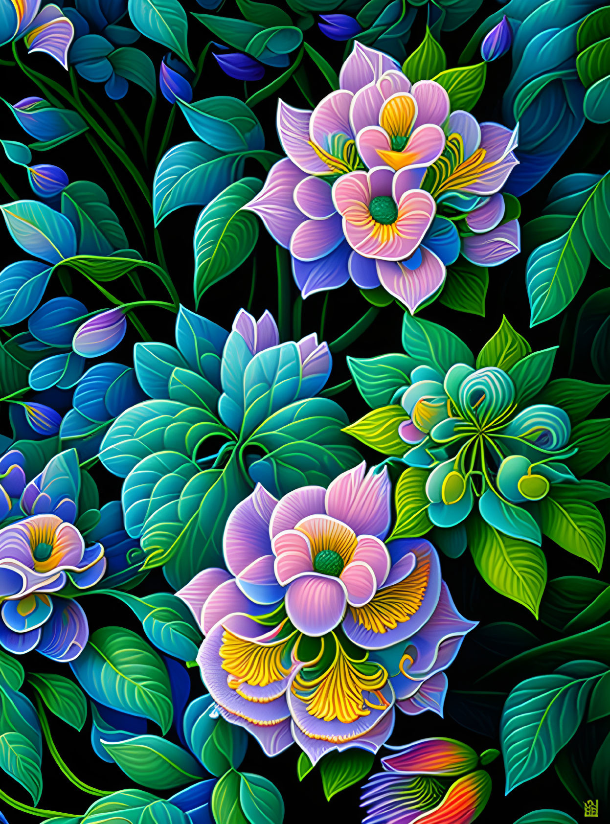 Colorful Stylized Purple and Yellow Flowers on Dark Background