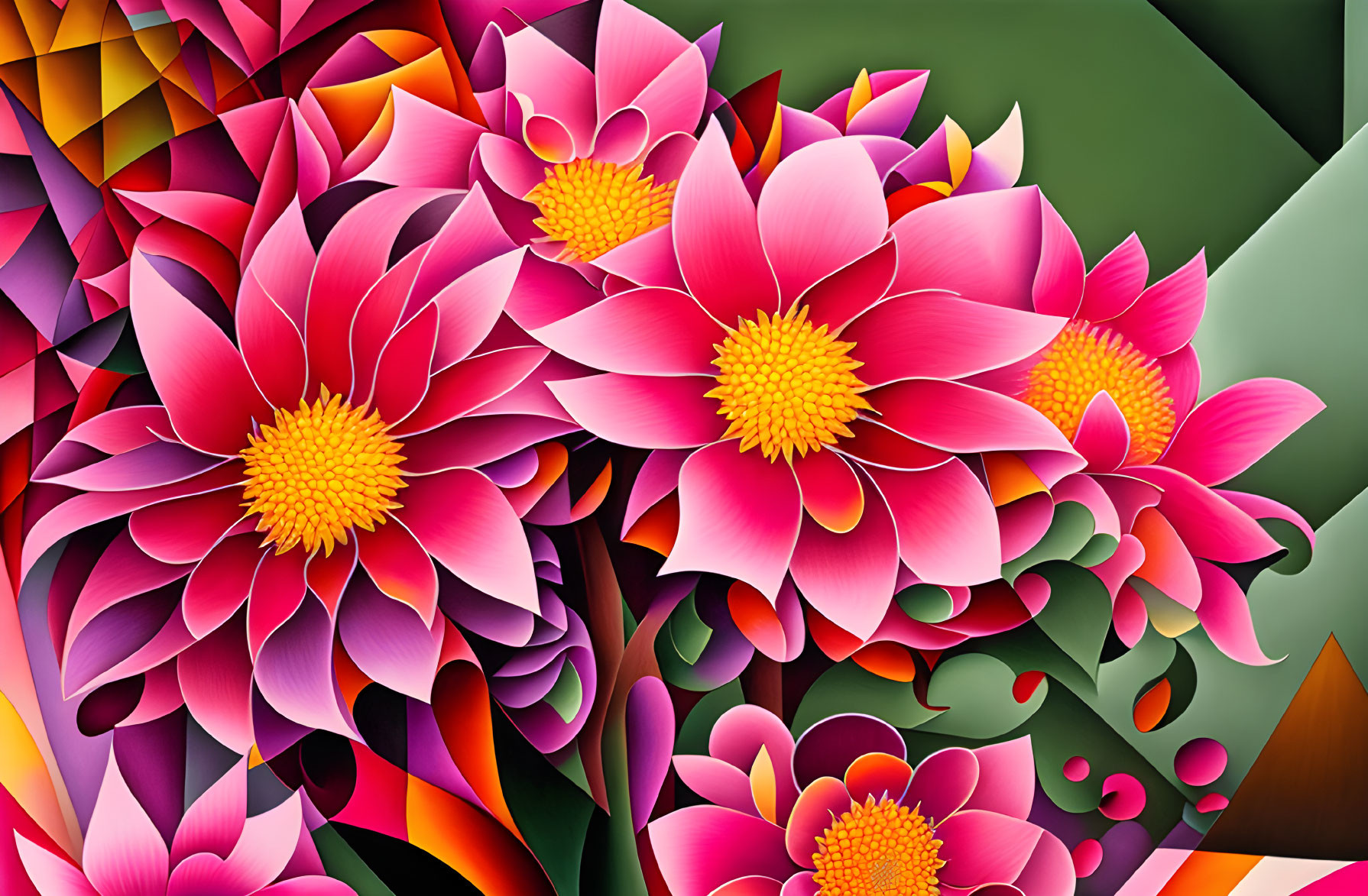 Colorful digital artwork: Pink flowers with yellow centers against geometric backdrop