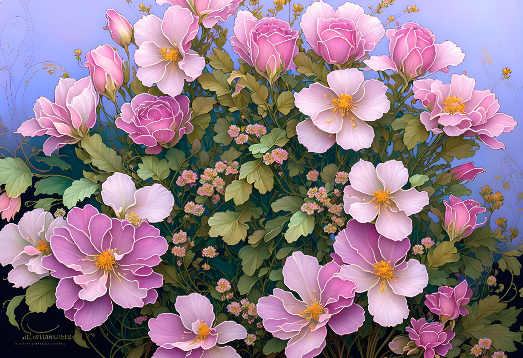 Pink Roses Cluster in Various Shades on Blue Background