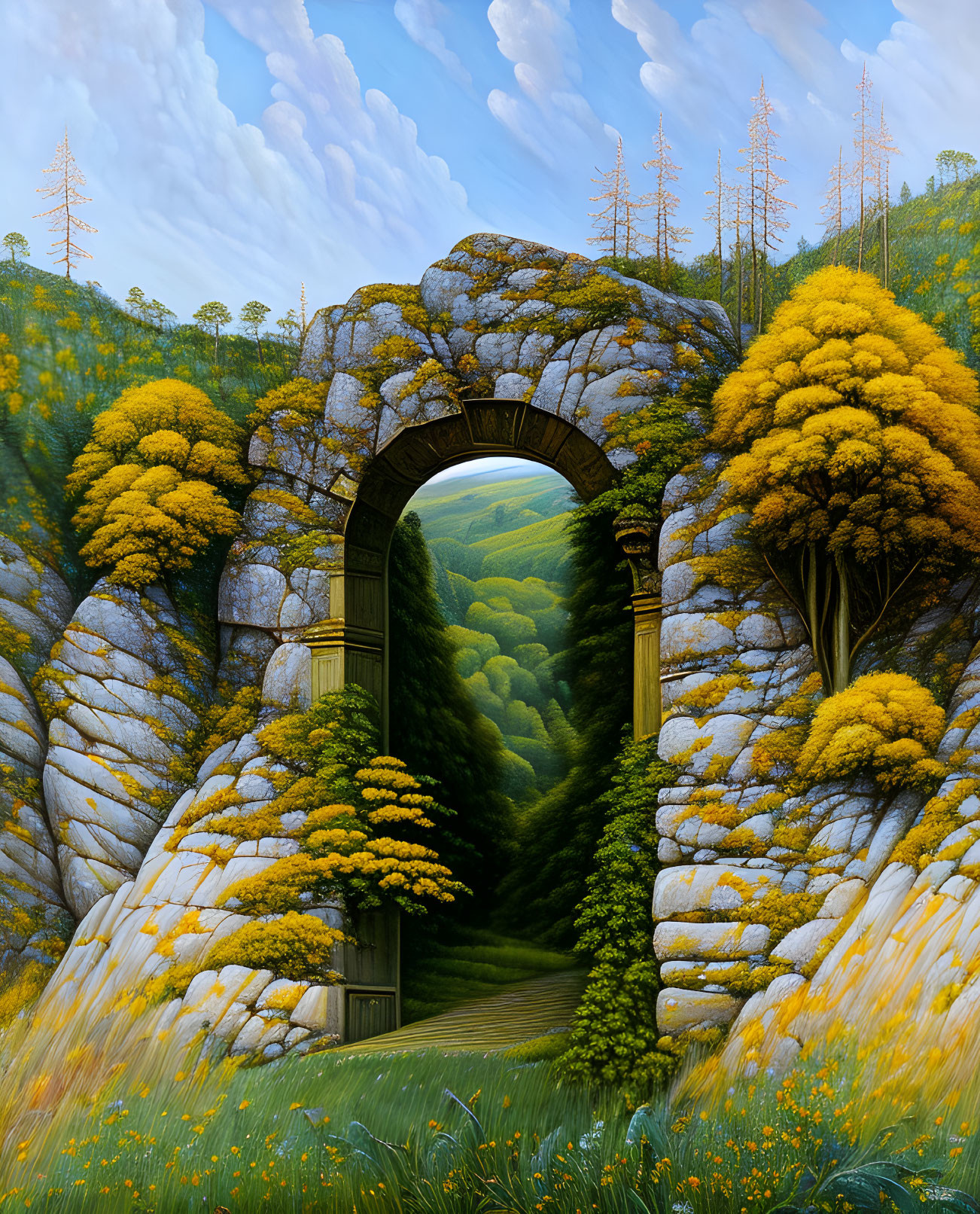 Stone Archway with Yellow Flowering Trees Leading to Verdant Valley