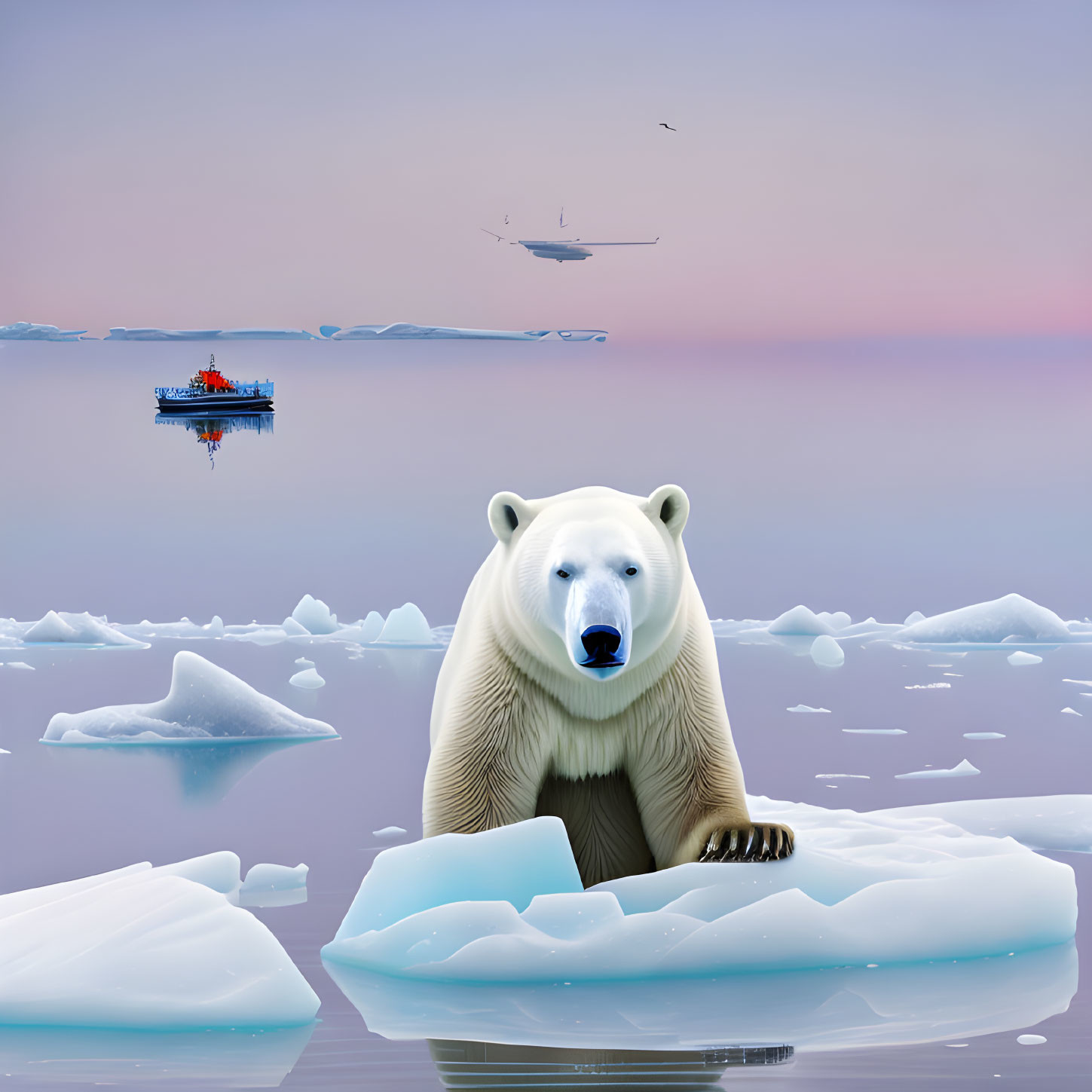 Polar bear on small iceberg under twilight sky with ship and helicopter.