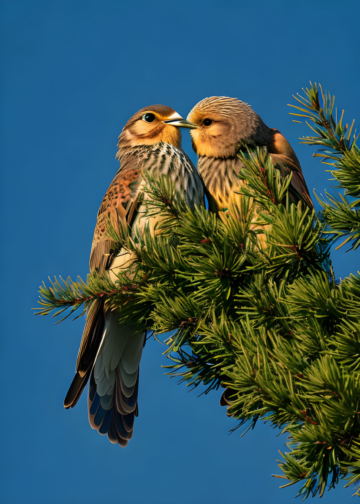 Birds perched on pine branch under clear blue sky