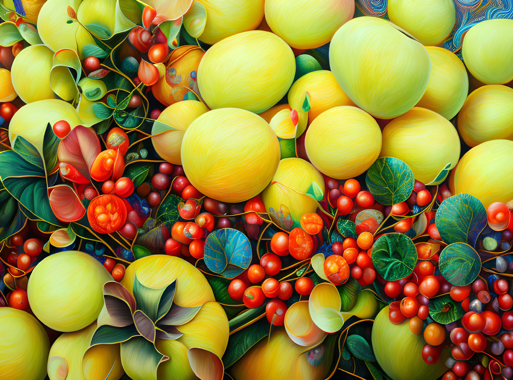 Colorful Fruit Composition Featuring Yellow Melons, Red Berries, and Green Leaves