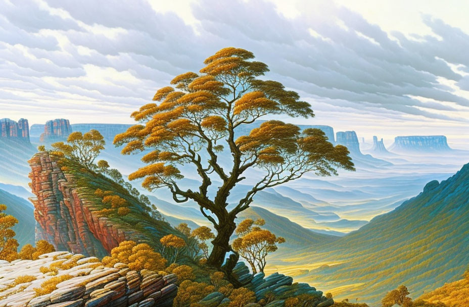 Majestic tree on cliff overlooking vibrant landscape