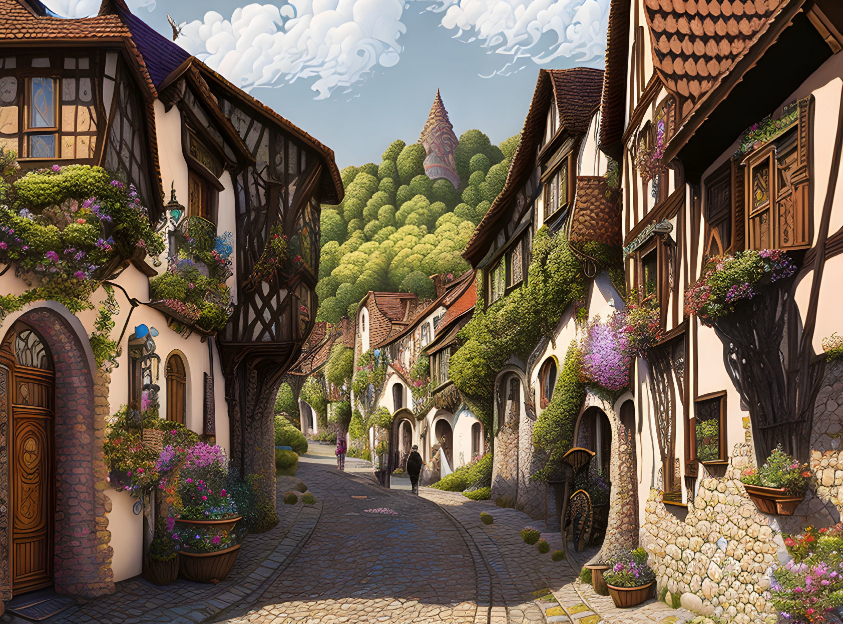 Traditional half-timbered houses on picturesque village street