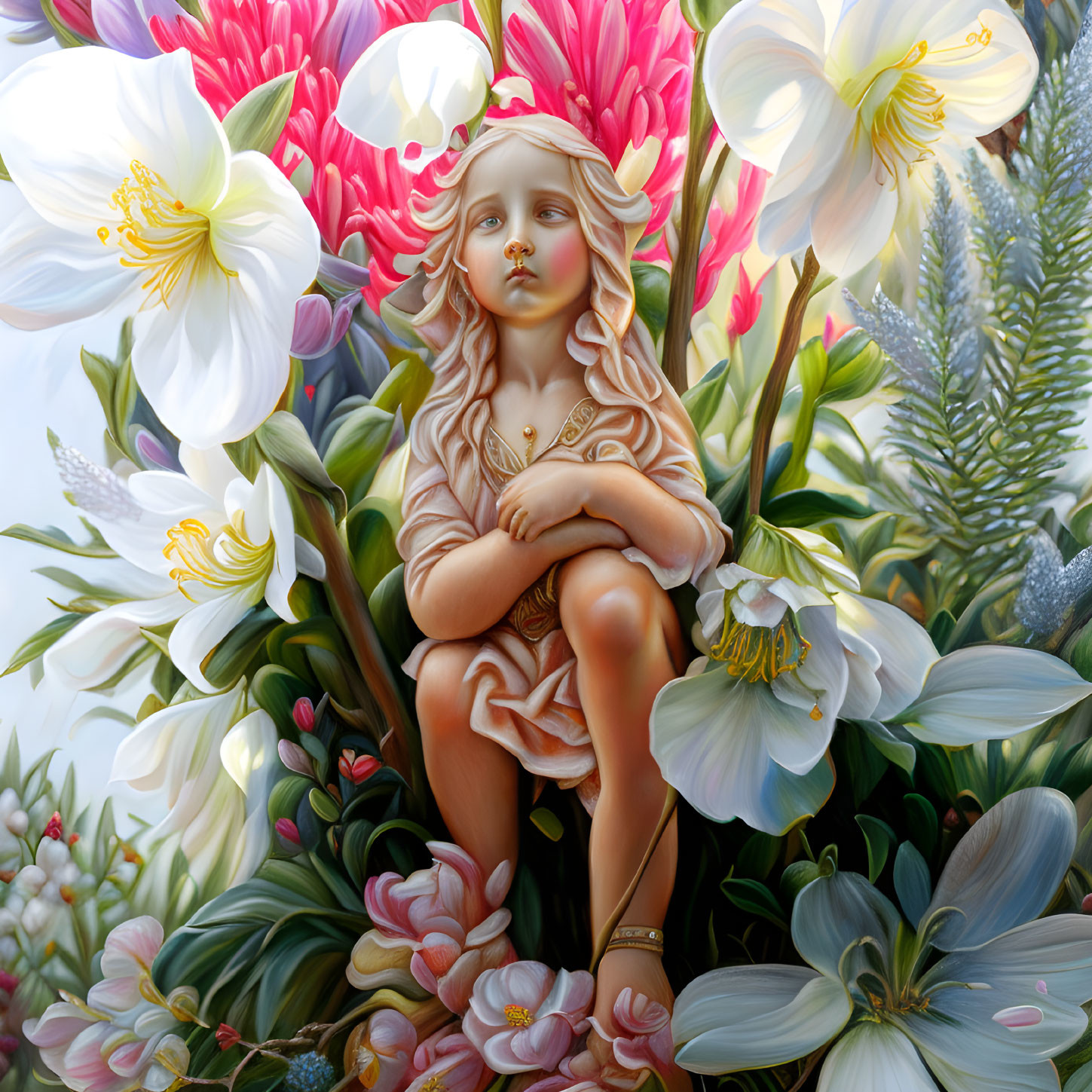 Child Surrounded by Vibrant Flowers in Serene Illustration