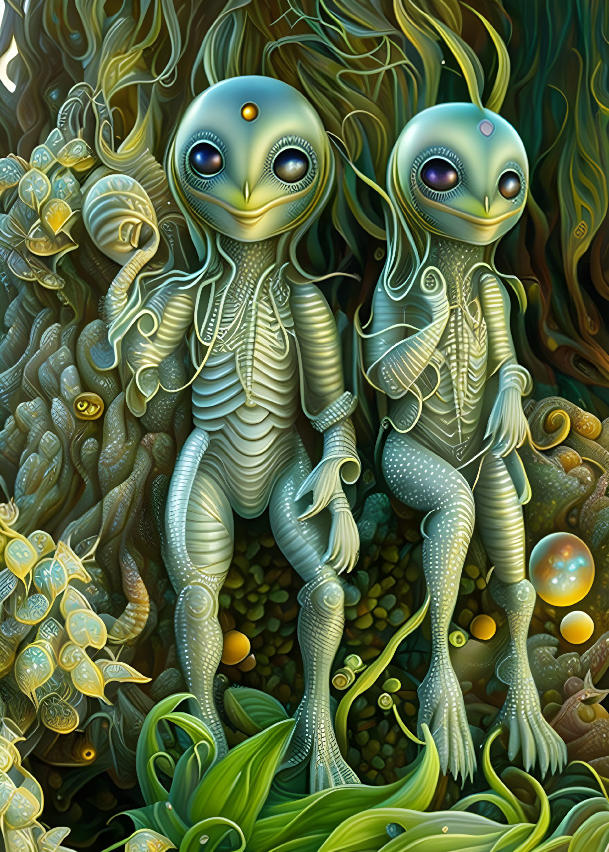 Whimsical humanoid creatures with expressive eyes in lush, alien-like setting