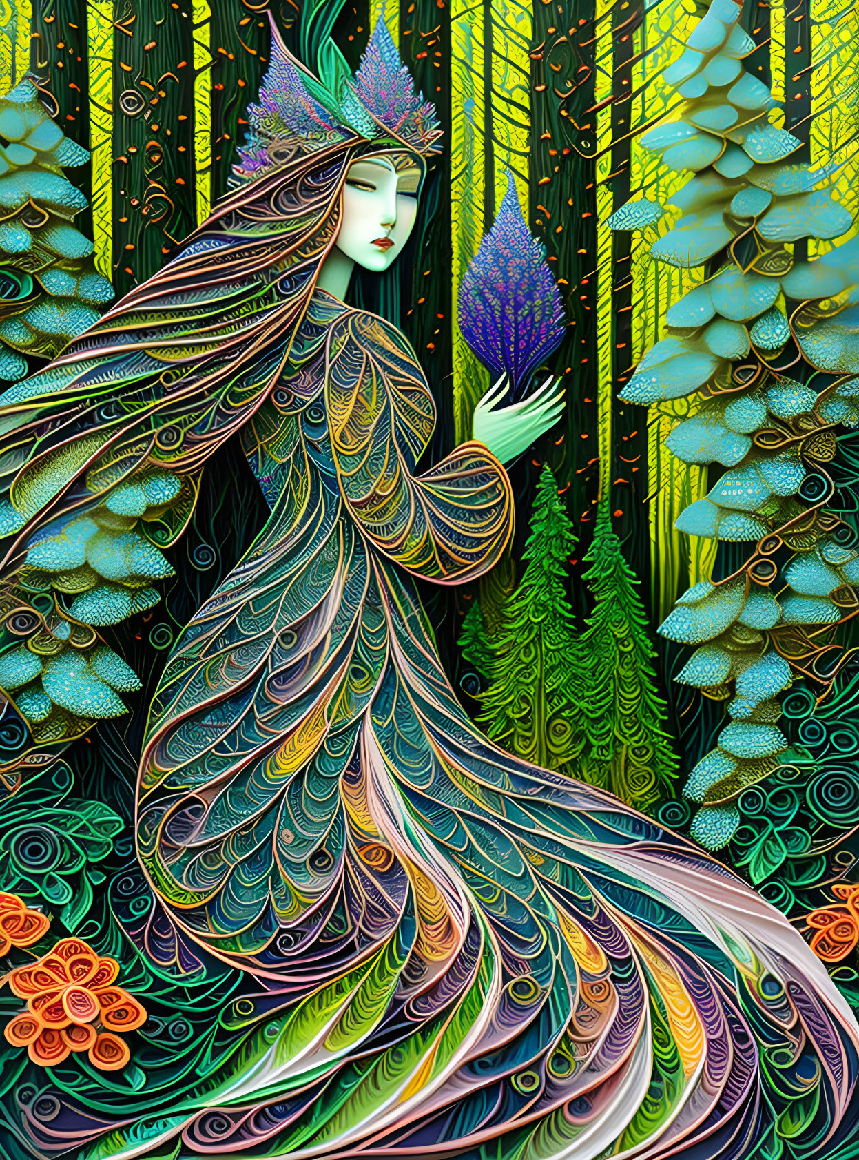 Vibrant illustration of woman with flowing hair and robes in botanical mosaic.