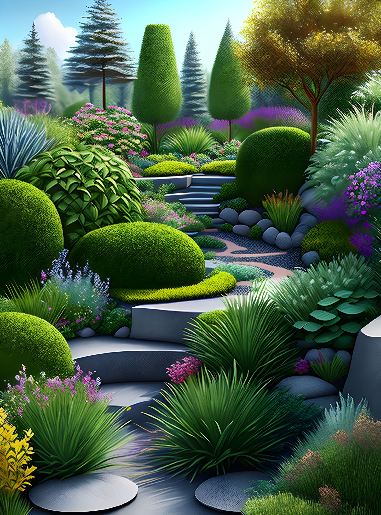 Colorful digital garden with manicured bushes and round stepping stones in a peaceful landscape