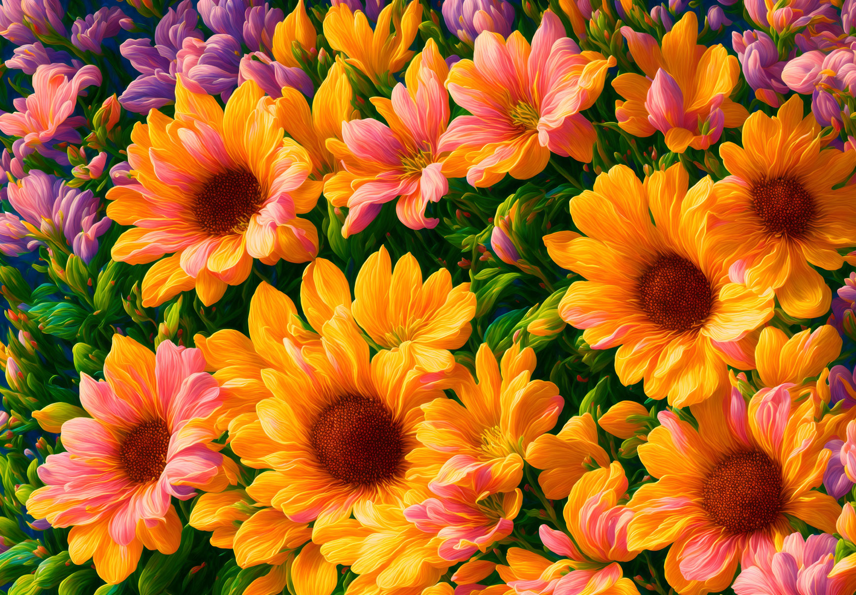 Orange-Yellow and Purple Floral Pattern with Green Foliage