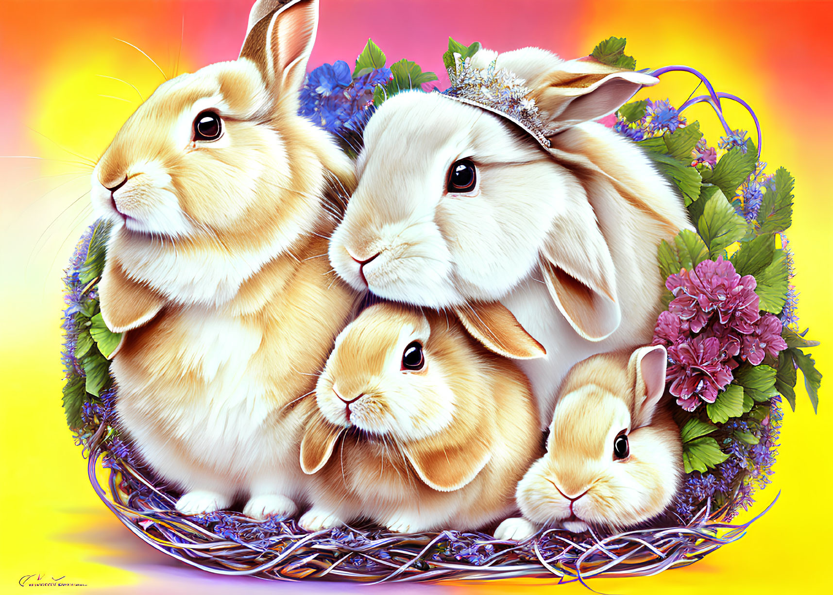 Colorful Illustration of Four Rabbits in Wicker Basket with Flowers