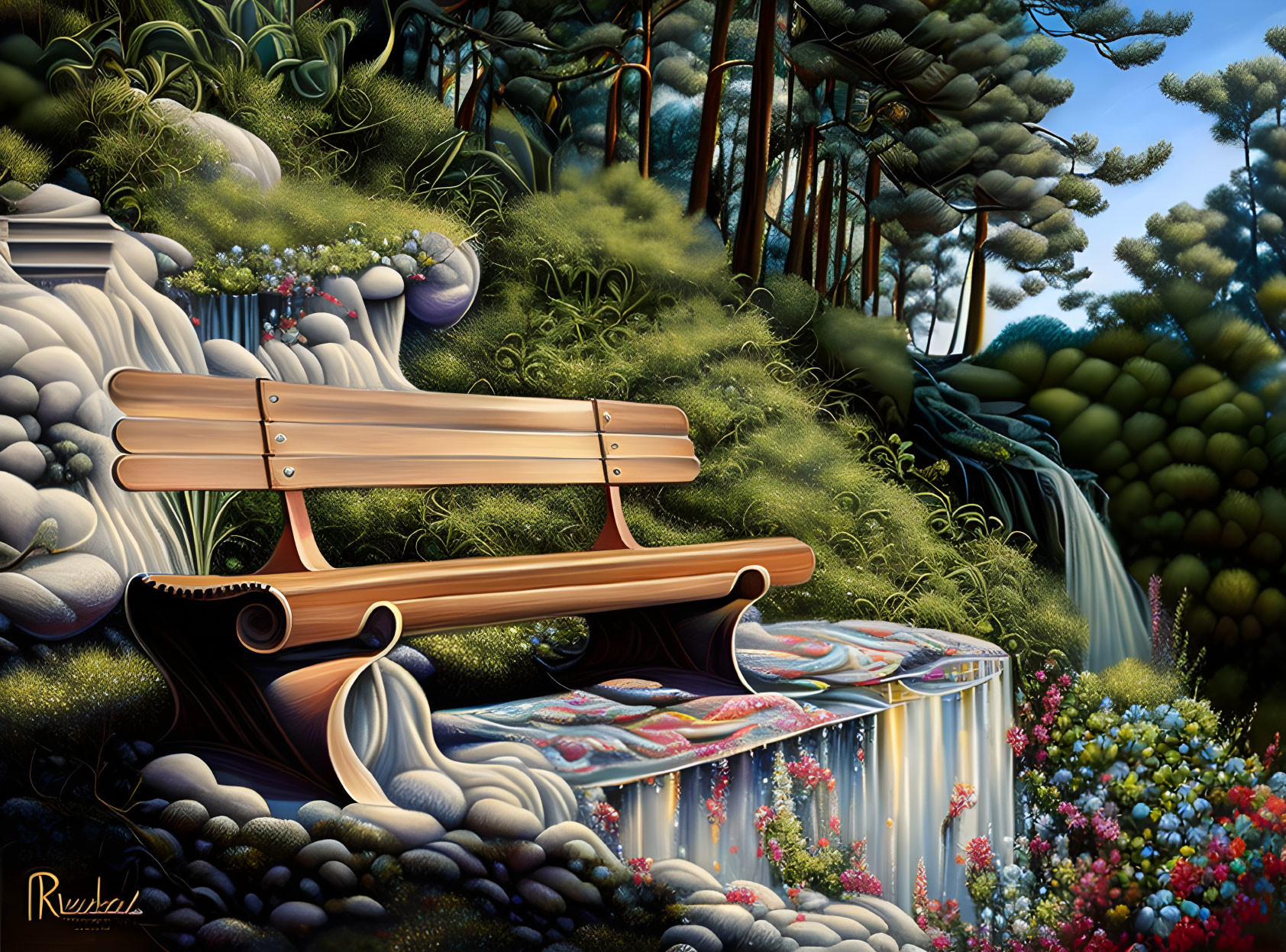 Whimsical artwork of wooden bench with waterfall legs and vibrant flora