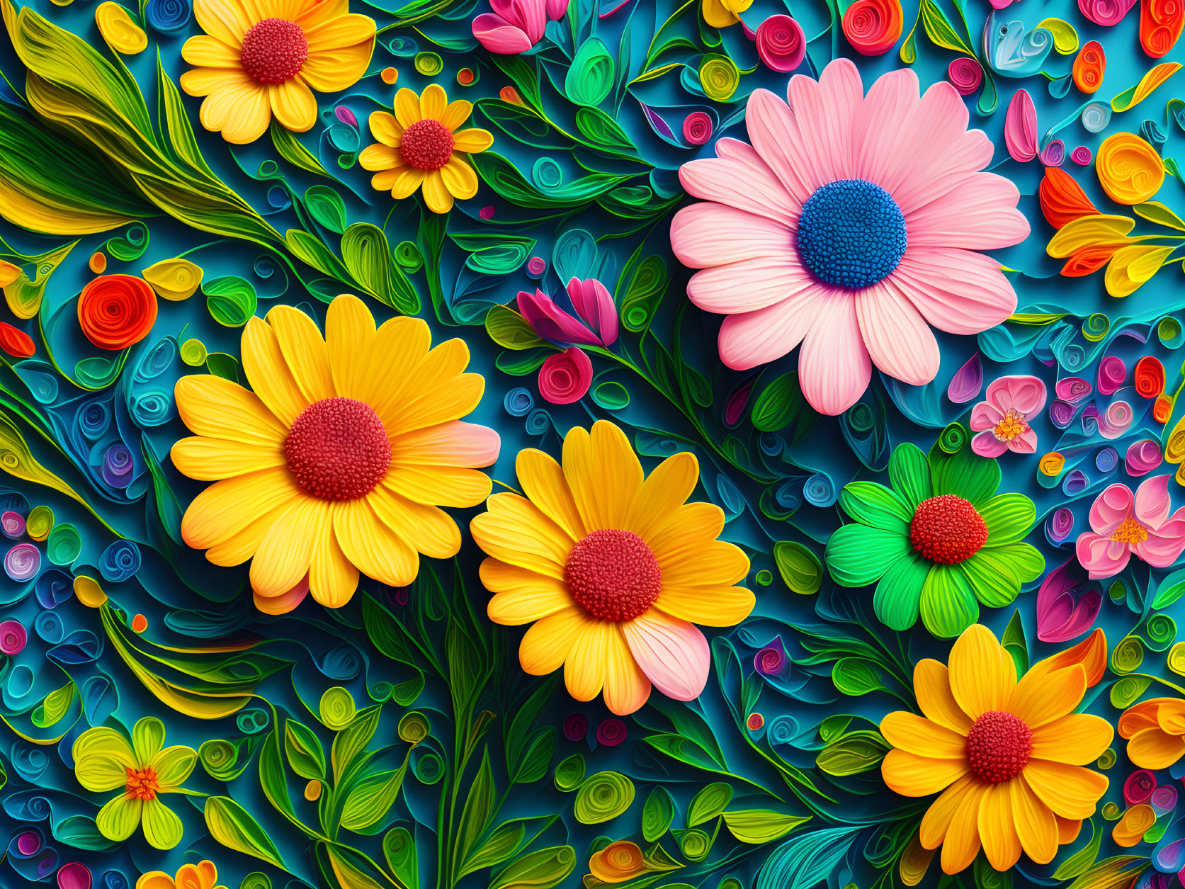 Colorful Flower and Swirling Pattern Artwork with Paper Quilling Effect