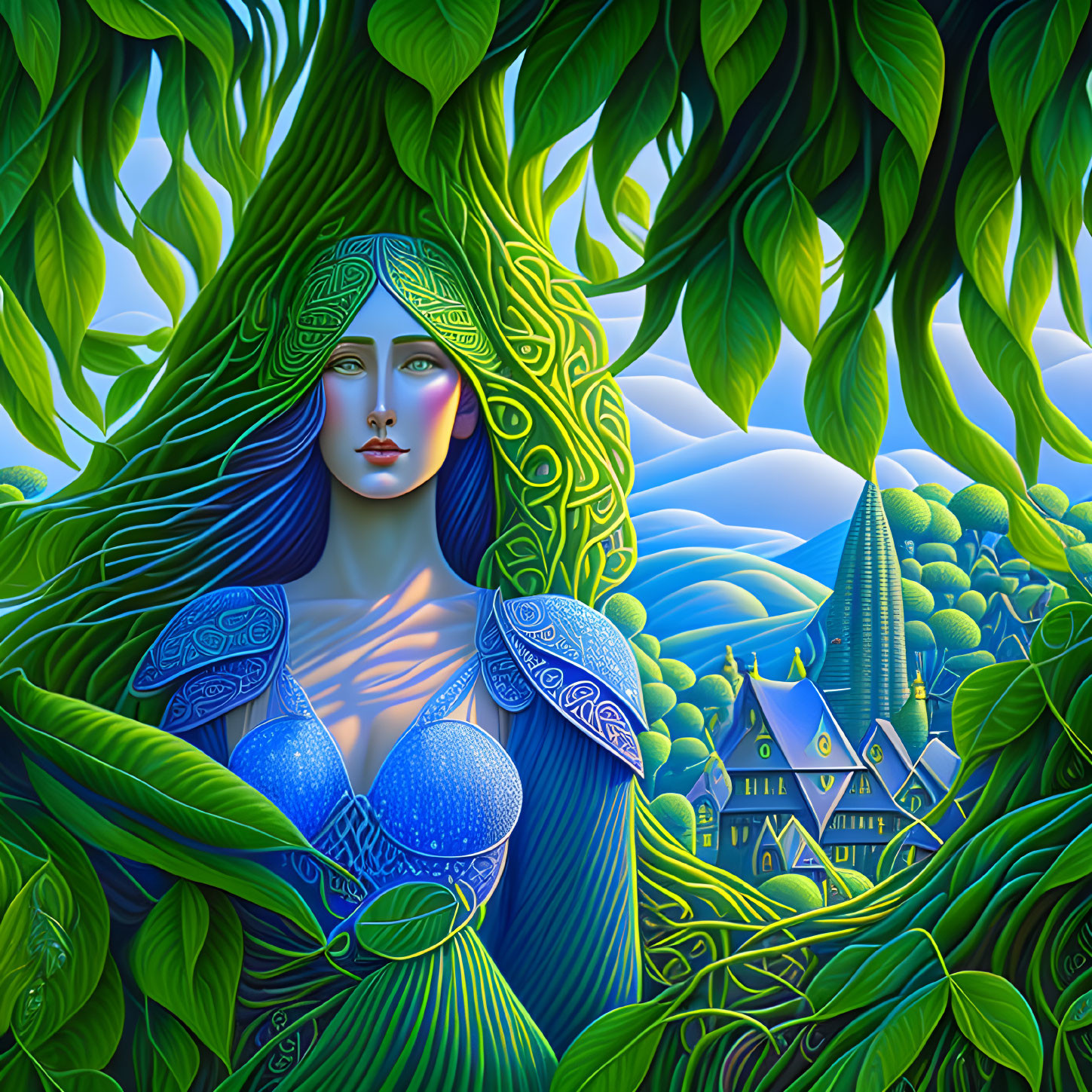 Illustration of woman with green leafy hair and blue attire in nature setting