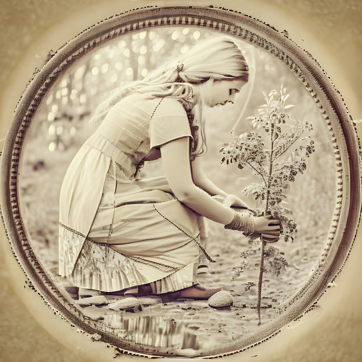 Vintage Woman Tending Plant in Sepia Tone Portrait