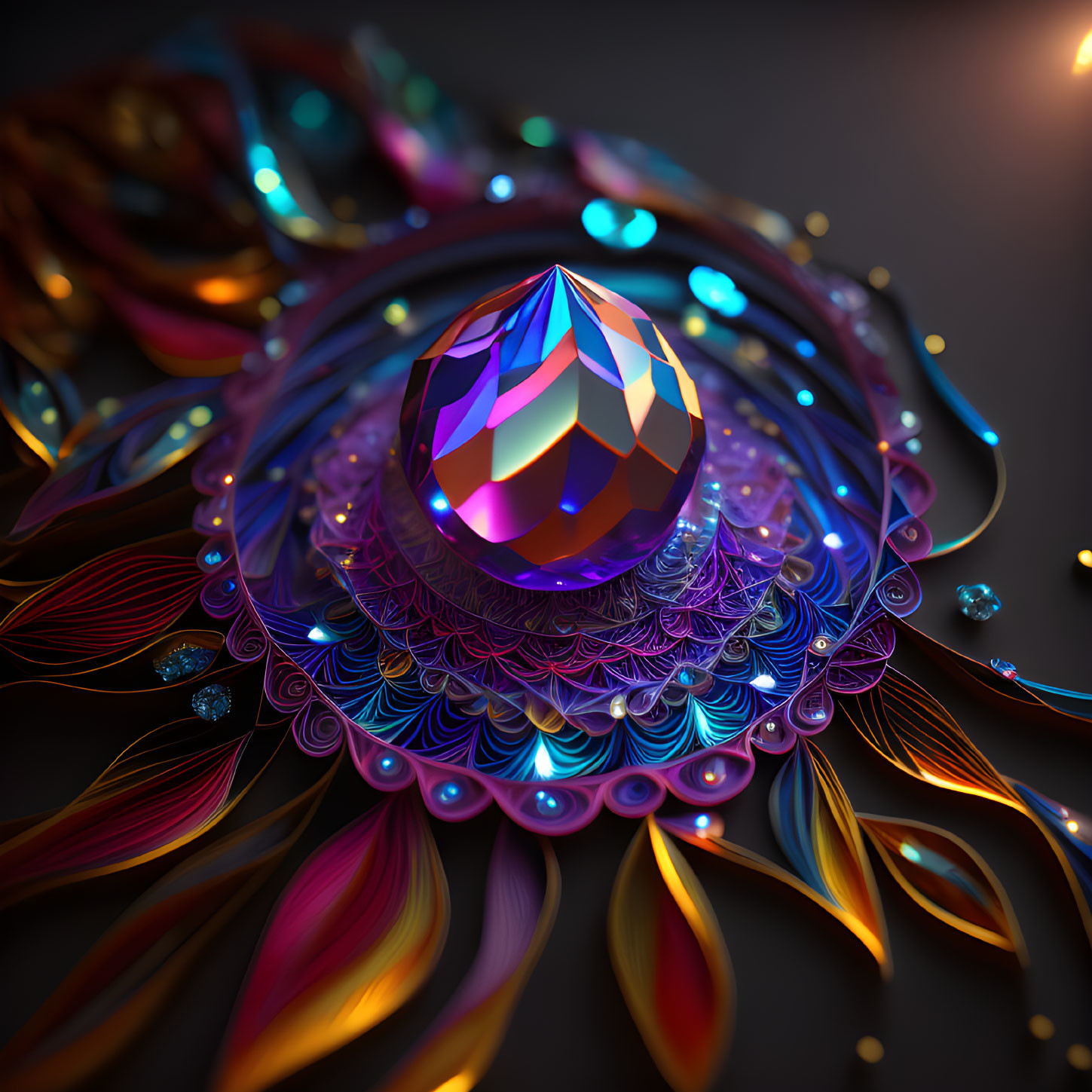 Colorful Gemstone Artwork with Floral and Circular Patterns on Dark Background