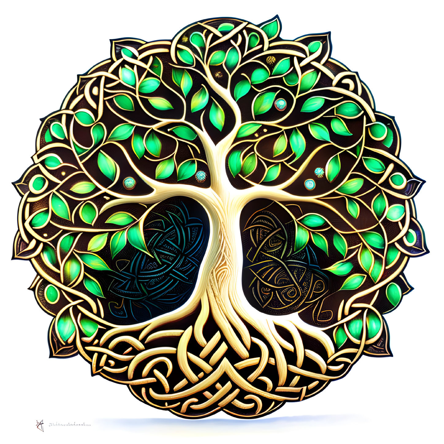 Circular tree artwork with Celtic knot roots and green leaves on white background