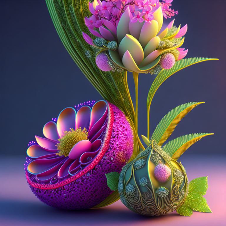 Colorful 3D-rendered flowers with intricate patterns on dusky backdrop