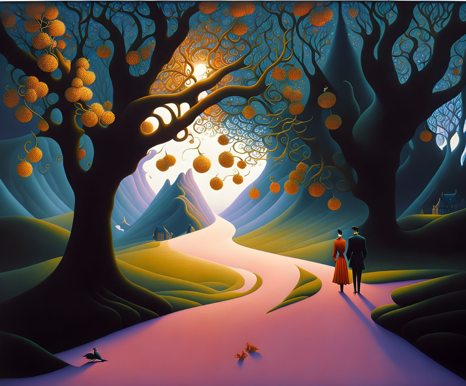 Whimsical landscape painting with glowing trees