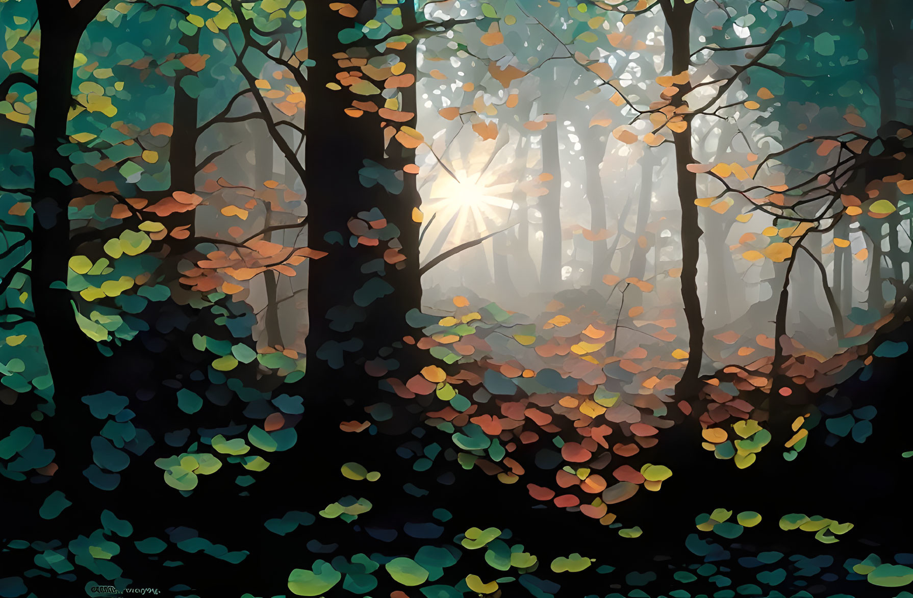 Sunlit forest scene with colorful foliage and dense trees