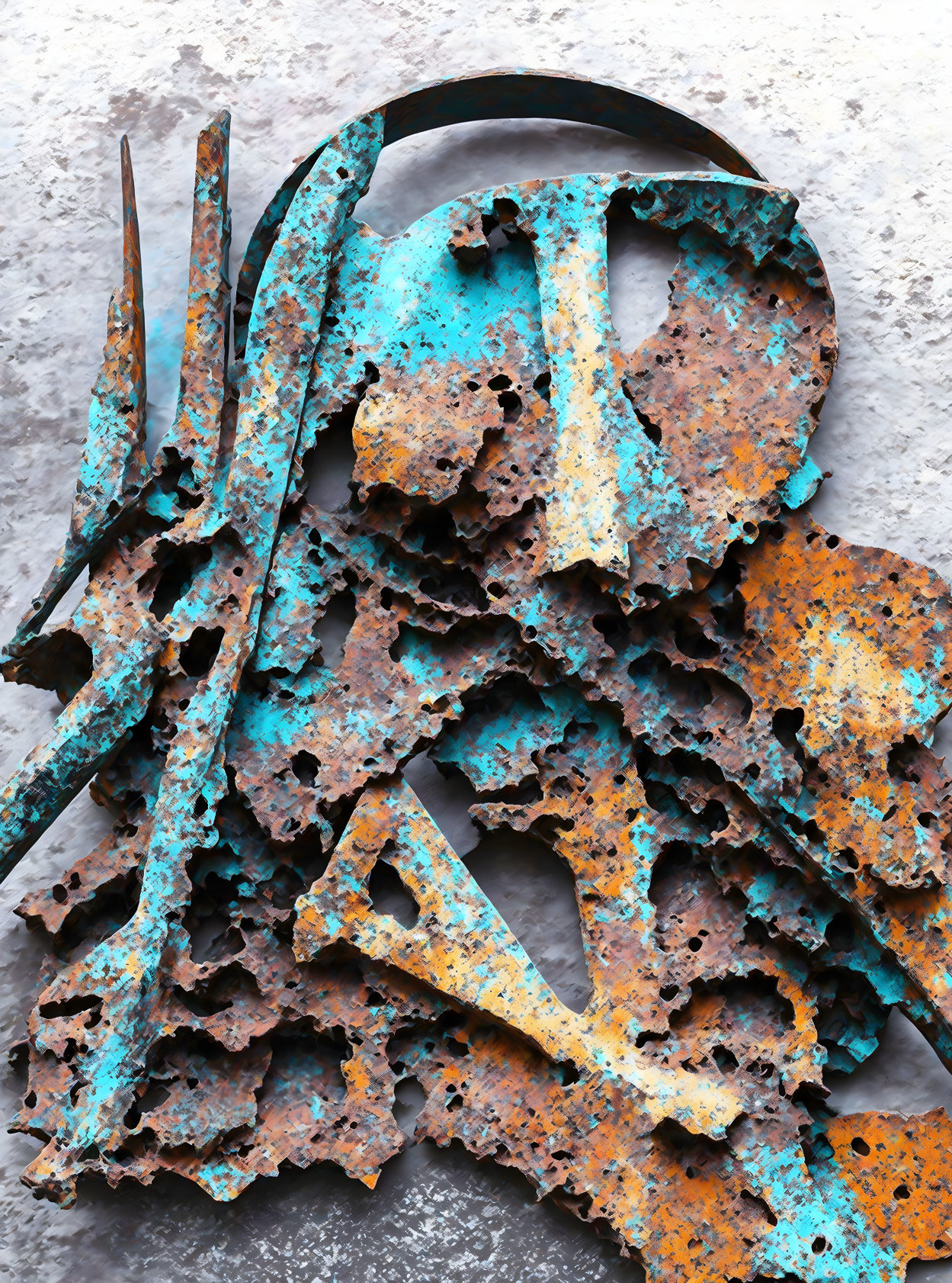 Abstract Metal Sculpture with Rust and Patina Textures on Concrete Wall