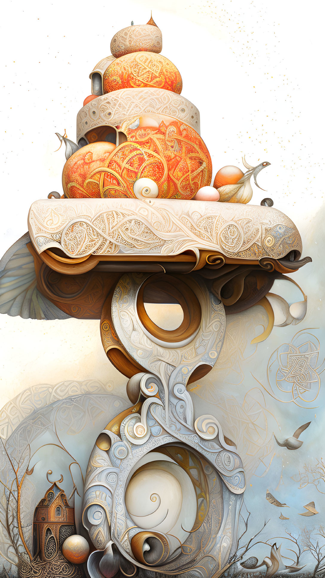 Whimsical illustration of floating islands with snail-like creatures