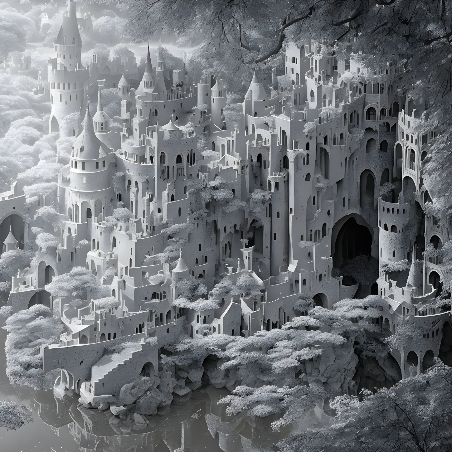 Monochromatic fantasy castle with towers and arches in misty landscape