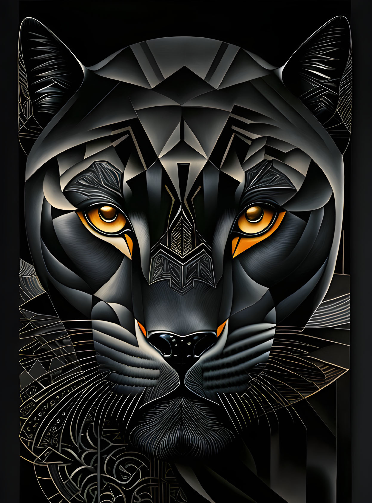 Black panther digital art with geometric patterns and orange eyes