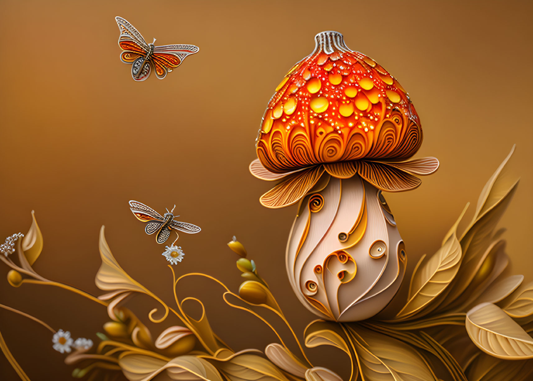 Intricate orange mushroom illustration with swirling nature elements