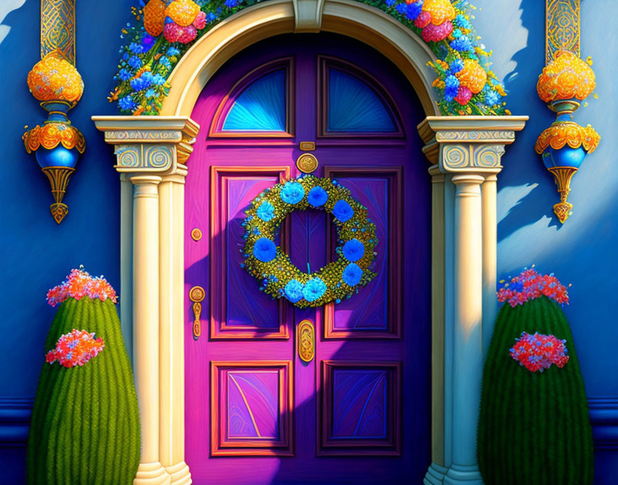 Colorful purple door with blue wreath and floral topiary against blue wall