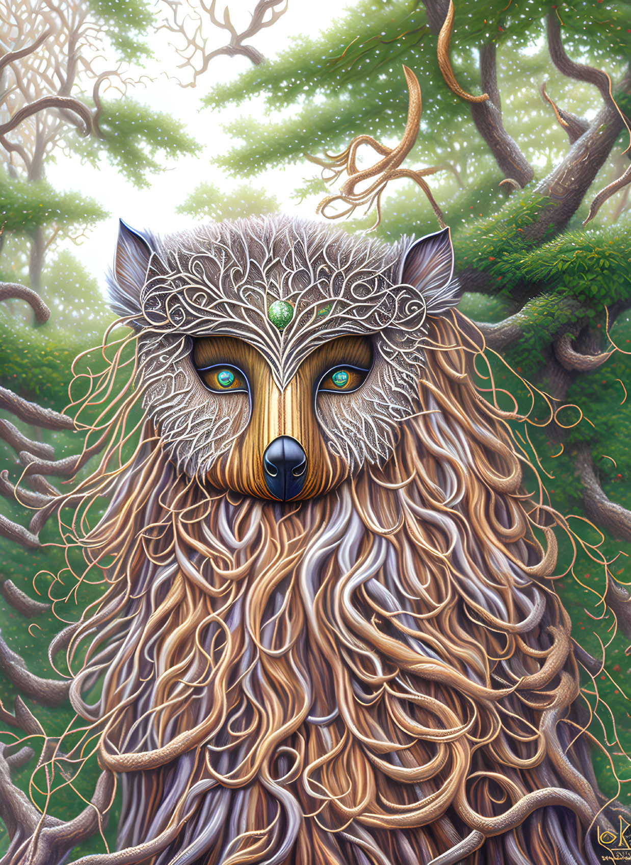 Detailed illustration of fantastical creature with wolf's face in ethereal forest