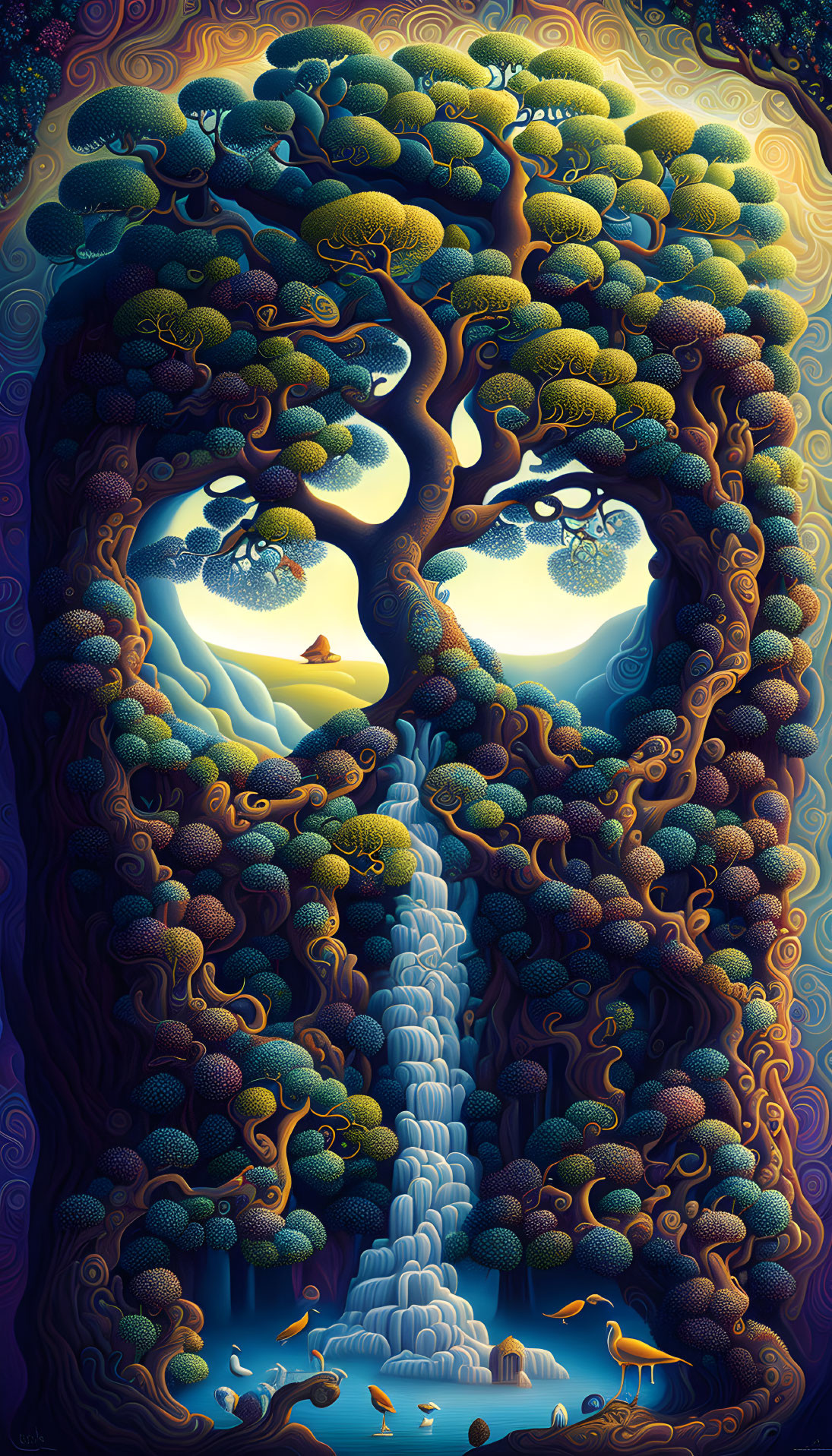 Colorful forest landscape forms surreal face with river mouth & wildlife.