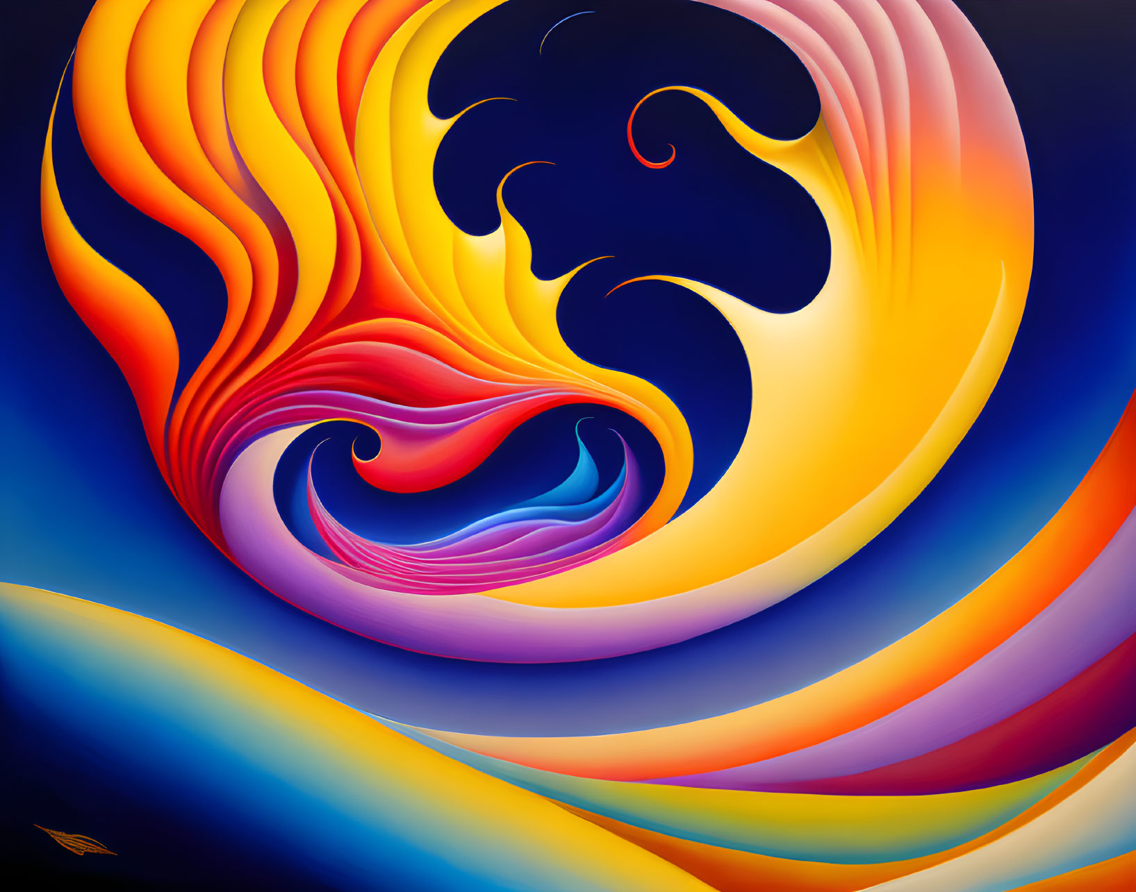 Colorful abstract art with swirling patterns in warm orange to cool blue transition