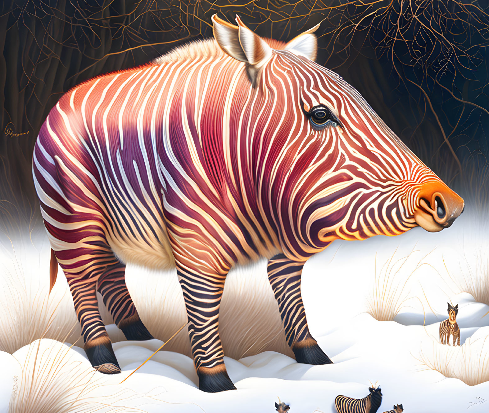 Colorful zebra illustration in snowy landscape with miniatures.