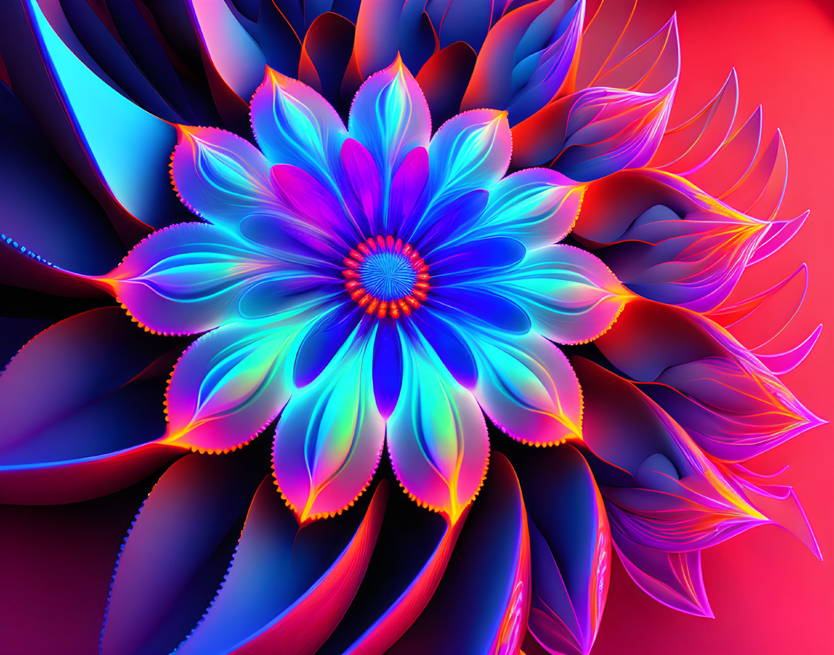 Abstract flower artwork: Multilayered petals in blue, purple, and pink on red.