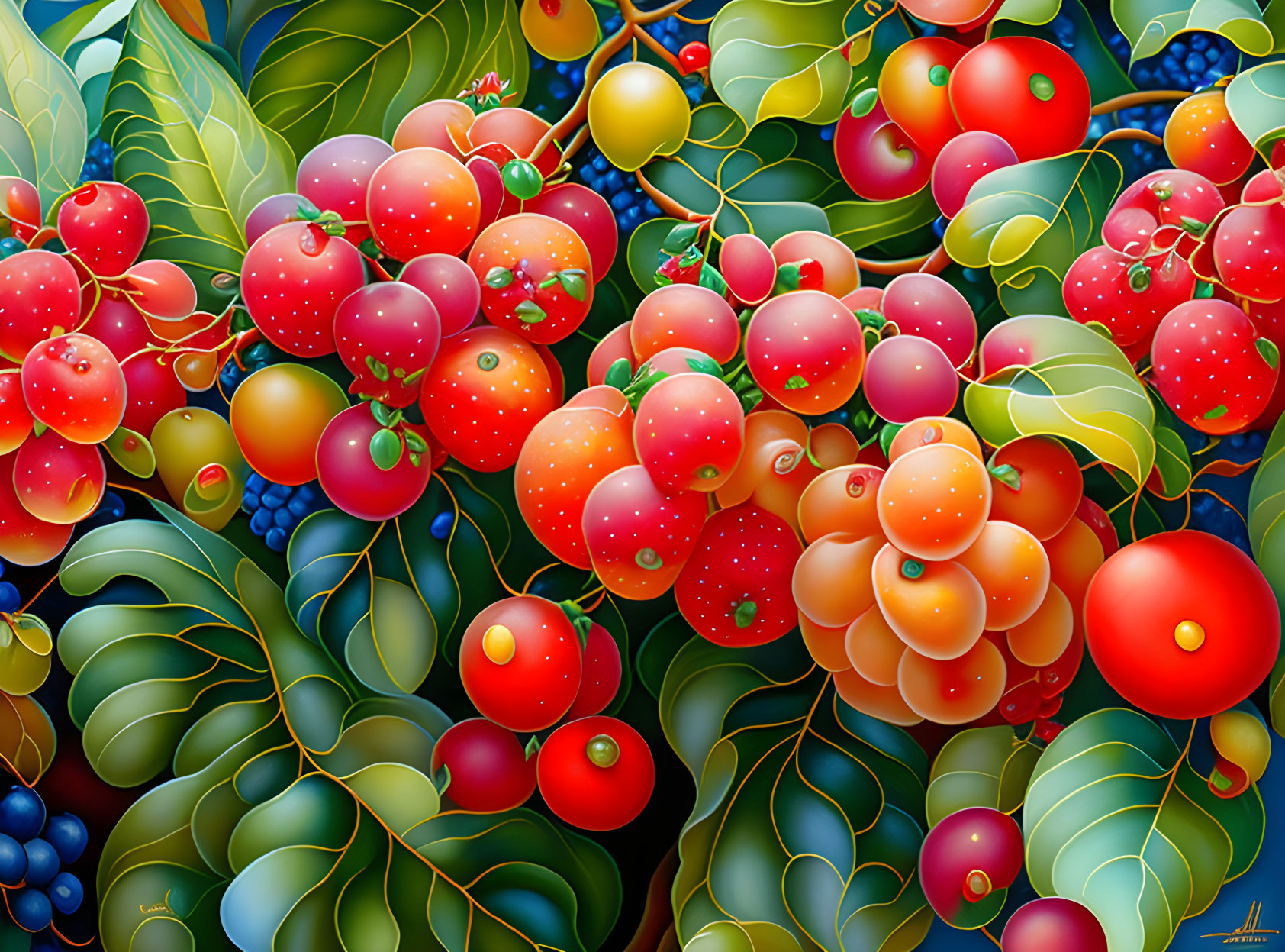 Colorful digital artwork: green foliage, red tomatoes, blue berries