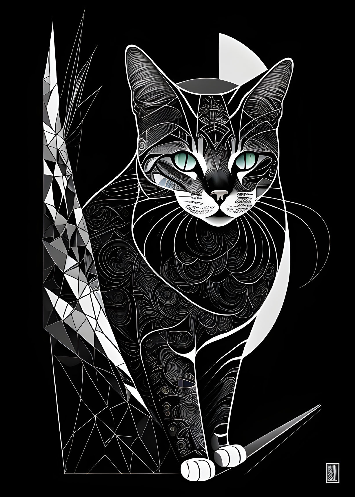 Intricate black and white cat illustration with geometric patterns and green eyes