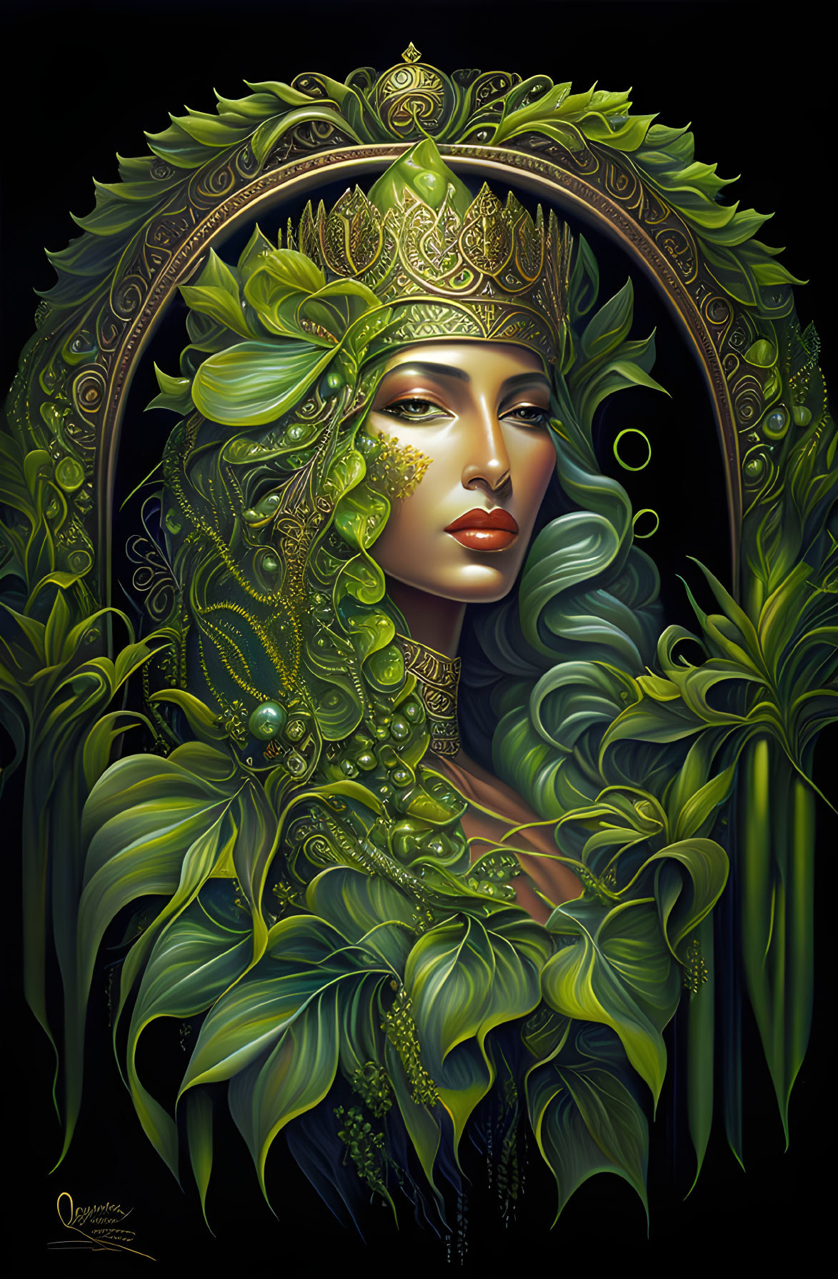 Regal woman with golden crown in lush green setting