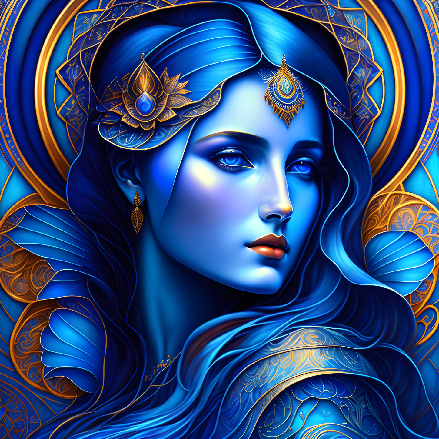 Illustrated portrait of woman with blue skin and golden jewelry on blue background