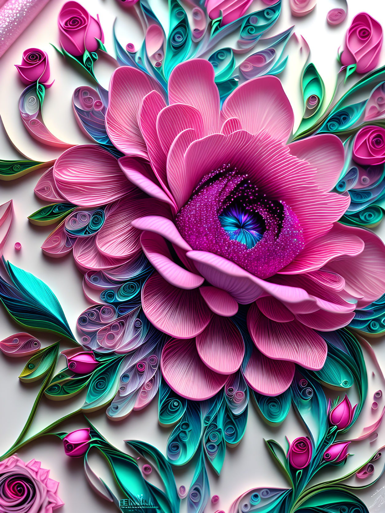 Detailed Digital Artwork: Large Pink Flower with Quilled Paper Texture