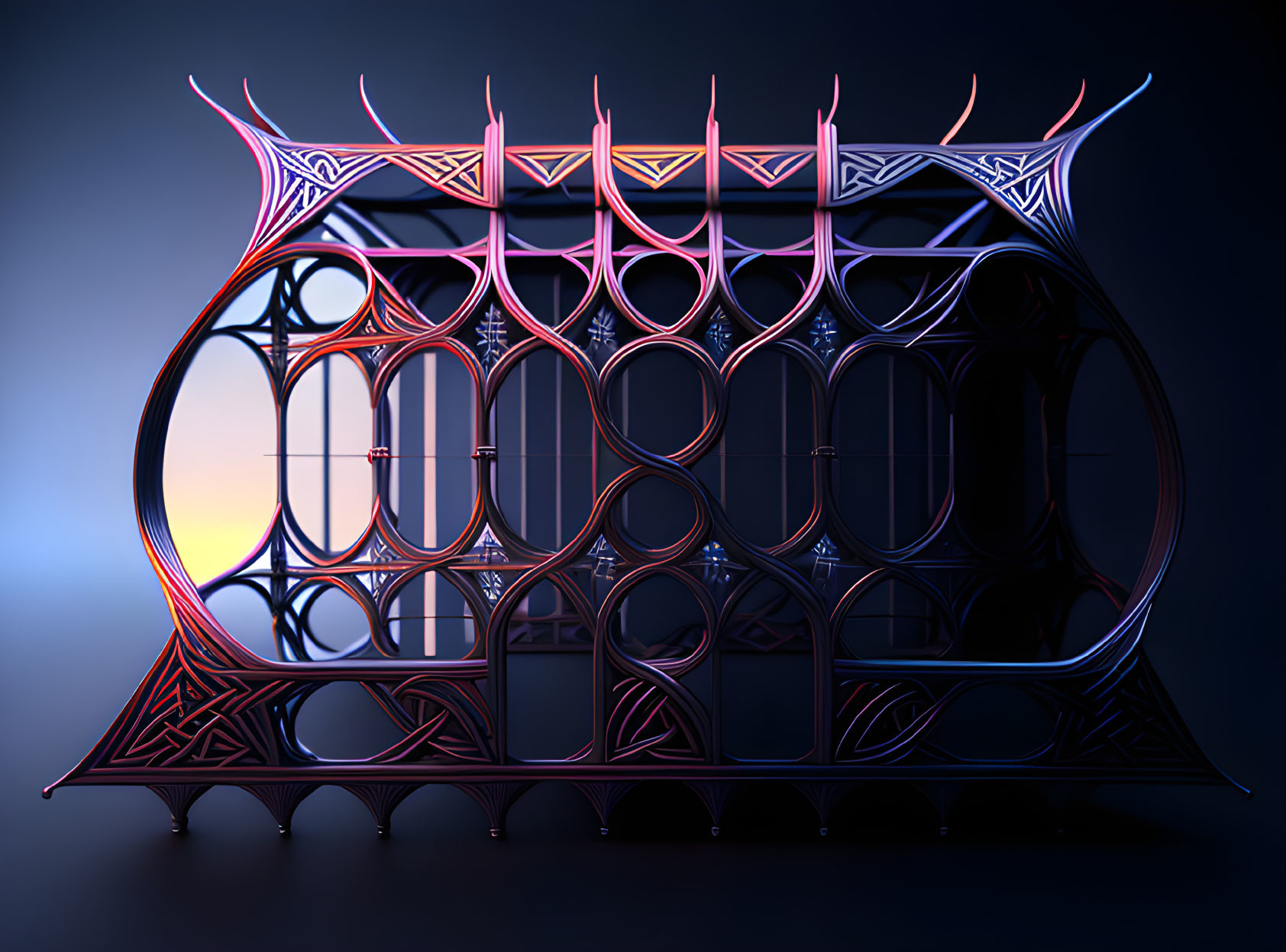 Neon-lit geometric structure against sunset backdrop