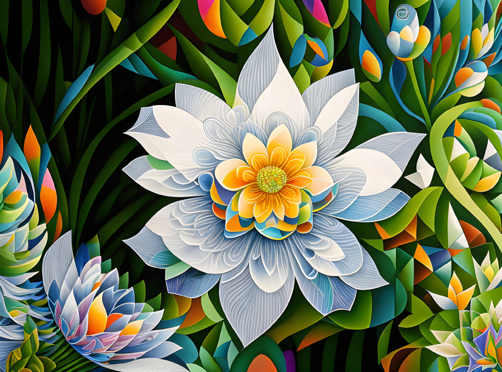 Vibrant digital art: white lotus on lush foliage background