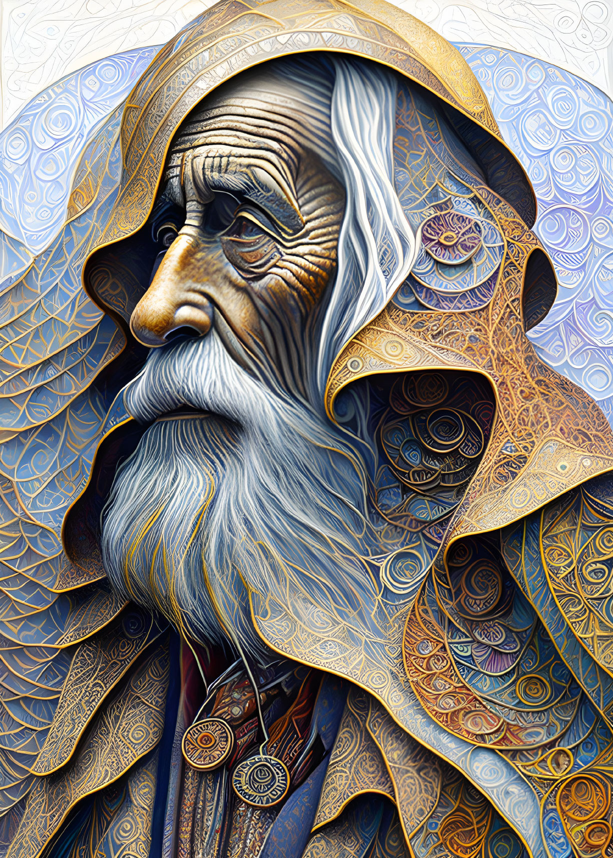 Stylized portrait of old man in ornate robes