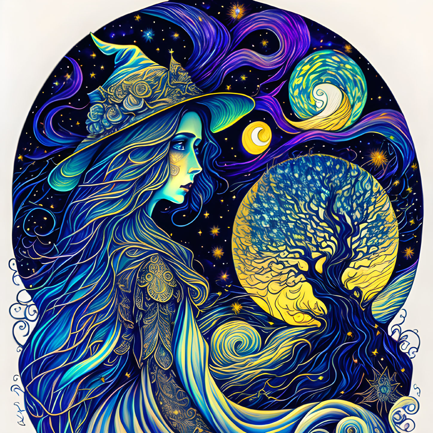 Colorful Woman with Nature and Cosmos Motifs in Circular Frame