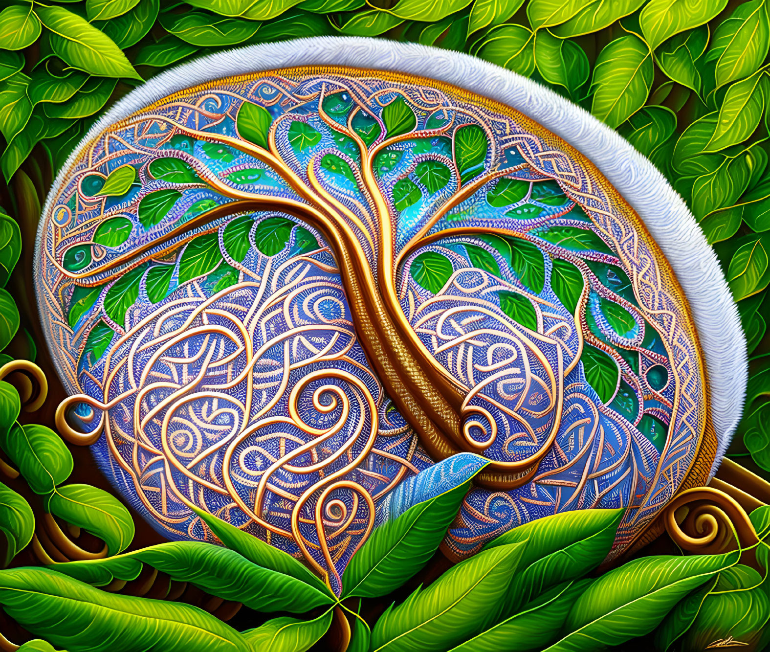 Circular Tree of Life Artwork with Celtic Patterns on Leafy Background