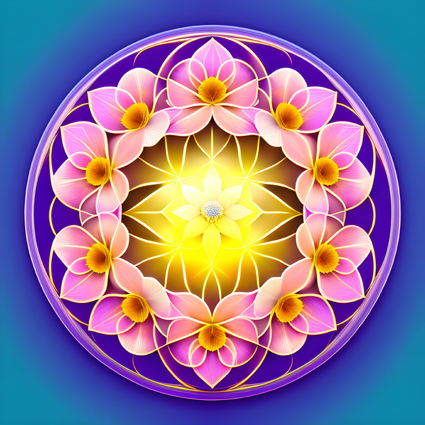 Symmetrical pink lotus flower mandala on blue gradient background