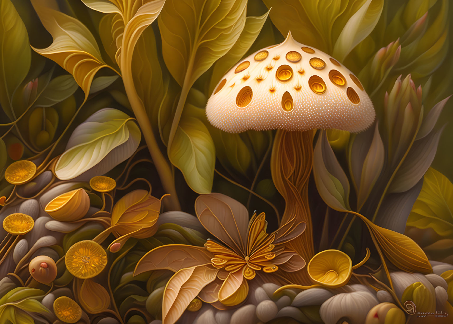 Detailed mushroom surrounded by lush foliage, flowers, and seeds in warm golden tones