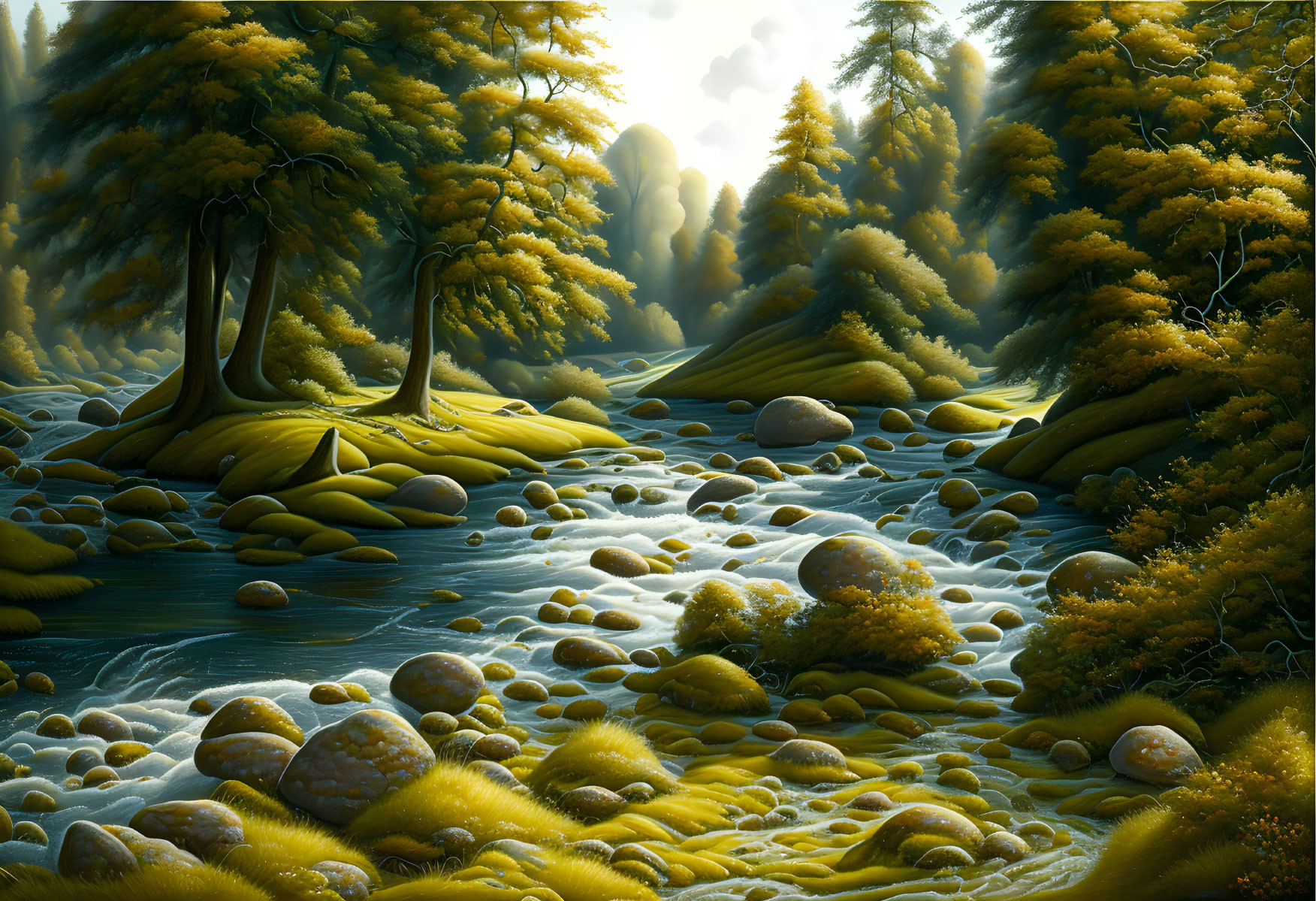 Tranquil fantasy forest with moss-covered trees, river, and ethereal light